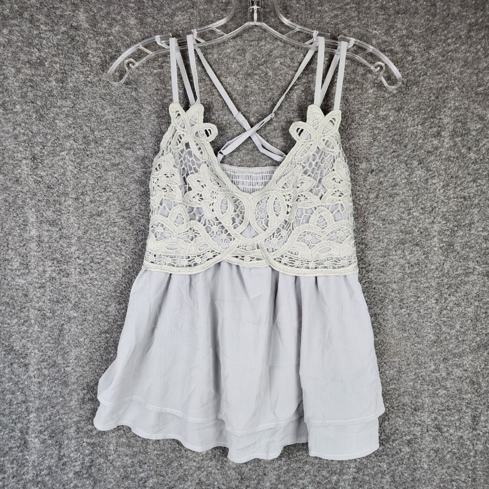Feager Crochet Lace Babydoll Cami Women Small Gray Tiered Chiffon Strappy Top
